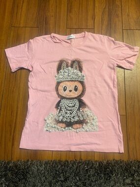 Labubu Pink Graphic Tee with Pearl-Embellished Character and Chanel logo